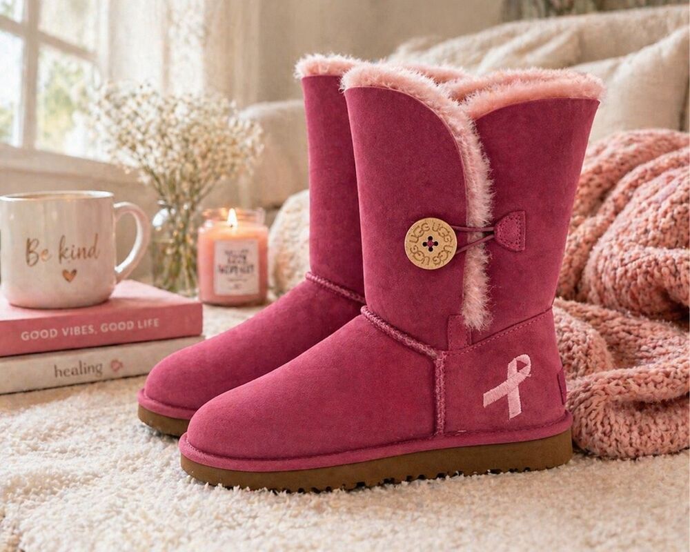 UGG Australia Pink Ribbon Tall Boots Womens Size 7 Suede Sheepskin EU 38